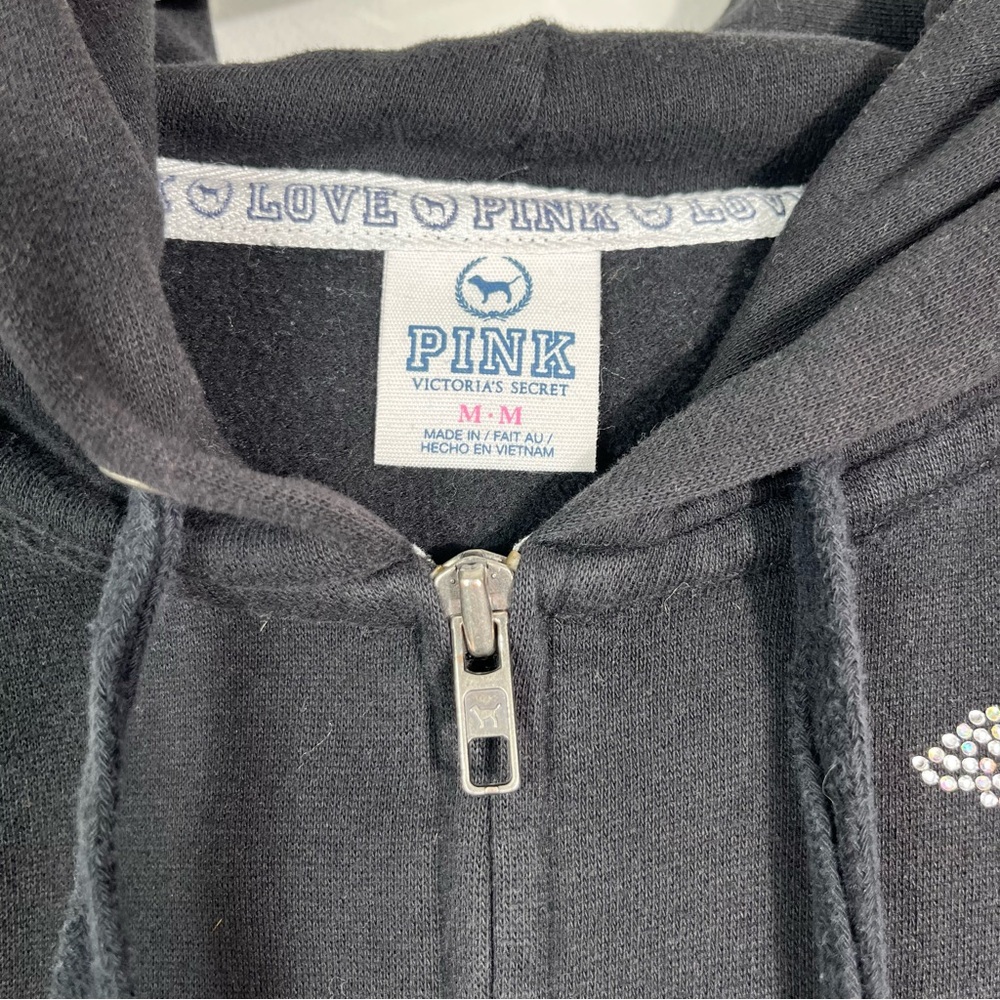 Vintage Y2K Victoria's Secret PINK Black Silver Bling Rhinestone Zip Up Hoodie M - Picture 5 of 6